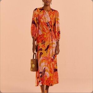 Farm Rio Puff-Sleeve Cutout Slip Dress Orange Pink